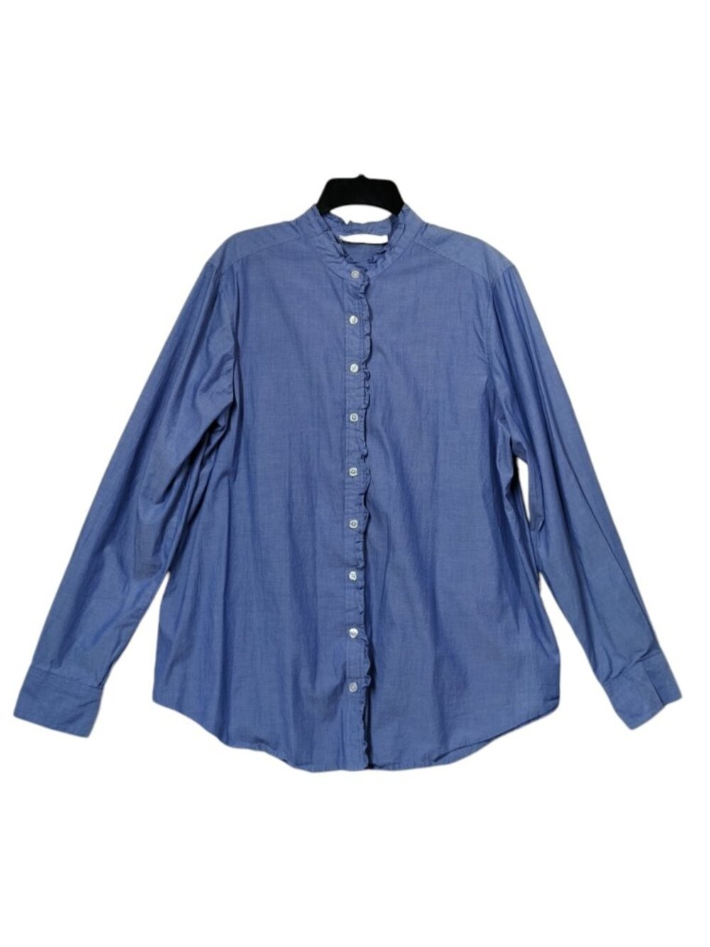 Signature Collection Womens Large Blue Ruffle Button Down Shirt Cotton